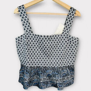 Veronica Beard Gari Cotton Peplum Paisley Print Top Blue White Button Back Sz 8